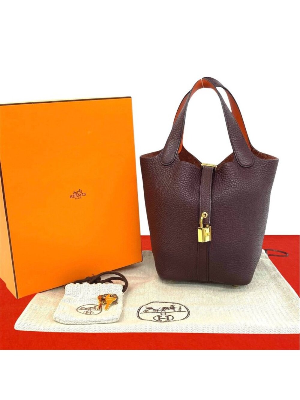 Hermes Picotin Lock PM Taurillon Clemence Swift Handbag Prune Orange Poppy